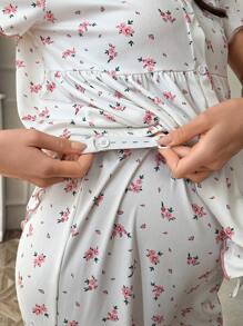 Maternity Ditsy Floral Ruffled V-Neck Short Sleeve Top & Pants Pajama Set