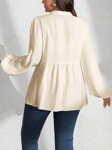 Vionelle Áo cánh tay dài cổ đứng thêu phía trước cỡ lớn mùa xuân và mùa thu màu trơn tay dài tay peplum - Màu be - Xem 3