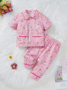 Bộ 2 món/Bộ đồ mặc nhà in hoa cho bé gái tay ngắn thường ngày và quần - Hồng - Xem 1