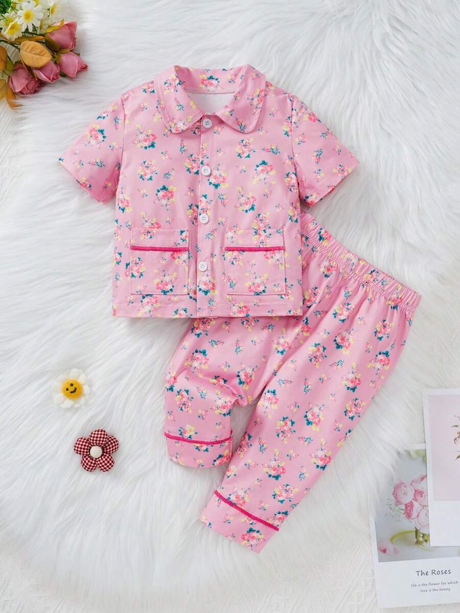 Bộ 2 món/Bộ đồ mặc nhà in hoa cho bé gái tay ngắn thường ngày và quần - Hồng - Xem 1