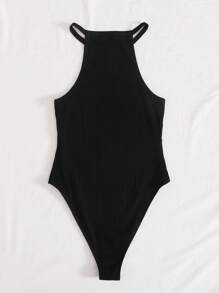 SHEIN EZwear Women's Solid Color Rib-Knit Halter Bodysuit - Black - View 2