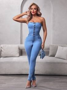 SHEIN SXY Women's Casual Washed Fitted Sleeveless Denim Jumpsuit - Light Wash - View 2