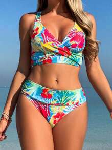 Swim Lushoire Women's Summer Beach Tropical Plant & Floral Print (Random Print) Knotted Shoulder Strap Tankini 2 Pieces Swimwear Set, Casual & Versatile, Suitable For Beach Vacation - Multicolor - View 1
