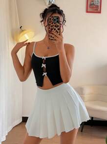 Chiquease Bow Decor Spaghetti Strap Solid Color Patchwork Casual Camisole - Black - View 5