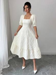 Elenzga Gaun Wanita Polos Motif Bunga Daisy Jacquard dengan Pinggang Berkerut, Elegan untuk Sehari-hari & Liburan, Lengan Mengembang - Aprikot - View 4
