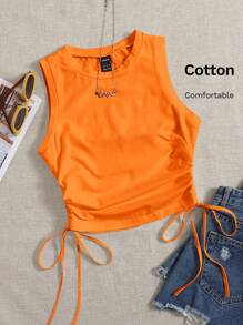 SHEIN EZwear Women's Solid Color Round Neck Side Drawstring Casual Knit Tank Top