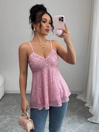 Rafferiza Damen Einfarbiges, Plissee-Camisole mit Pailletten