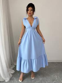 Vestido de cuello en V sin mangas con cintura ajustable con cordón, color azul, adecuado para primavera/verano - Blanco marfil - Ver 6