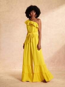 Slaydiva Bộ đồ liền quần dài siêu dài mới cho kỳ nghỉ xuân hè Một bên vai chéo Vai hai lớp nhún bèo Cổ áo cạp rộng Quần dài siêu dài Nhiều lớp viền nối Dải sóng màu vàng Vải dệt Bộ đồ liền quần nữ-B - Màu vàng - Xem 5