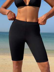 Swim SPRTY Women Black Ribbed High Waisted Minimalist Athletic Swim Shorts, Summer Beachwear