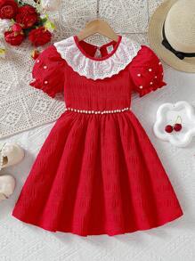 年轻女孩优雅新款夏季公主风格拼布荷叶边领珠饰泡泡袖连衣裙 - 紅色 - 查看 1