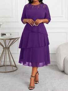 Fleurora Vestido midi de encaje con costuras, volantes y mangas huecas, para mujeres de talla grande, profesionales de negocios, en color púrpura. Ropa y vestidos de profesora, vestidos de otoño, vestidos de encaje, para las cuatro estaciones