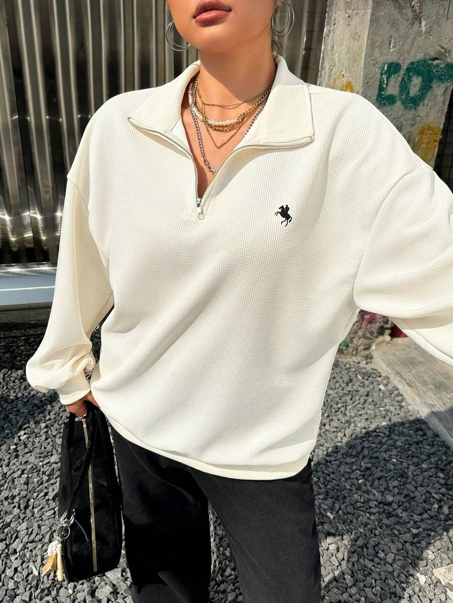 CovetEZ Plus Size Casual Loose Pullover With Half-Zip And Knight Graphic, Lightweight Spring/Summer - Beige - View 1