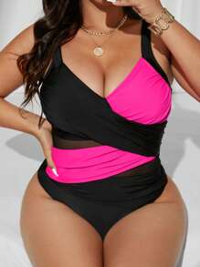 Swim SXY Traje de baño de una pieza talla grande para mujer con diseño de bloques de color y malla cruzada para verano y vacaciones en la playa