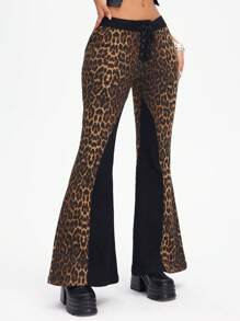 SHEIN ICON Women's Simple Leopard Print Panel Lace-Up Flare Leg Casual Jeans - Multicolor - View 6