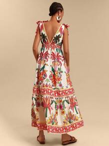 Travachic Women's Sexy Deep V-Neck Sleeveless Knotted Shoulder Palm Tree Printed Vacation Dress,Sun Dress