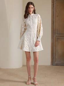 Anewsta 奢华牛奶丝可溶解刺绣迷你连衣裙，女士优雅休闲春季服装 - 杏色 - 查看 6