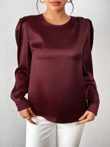Women's Elegant Simple Solid Color Puff Sleeve Shirt Fall Cloth For Women - Burgundy - View 3