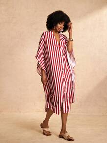 Slaydiva Vacation Casual Loose Long Design Red And White Striped Shirt Women's Dress-M - Red and White - View 6