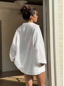 SHEIN Unity Kvinnors vår/sommar Casual Vacation Mångsidig skir Lantern ärm V-ringad lång skjorta - Vitt - Visa 2