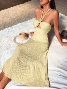 Chiquease 女式度假纯色扭纹露背无袖性感连衣裙波西米亚风海滩时尚风格婴儿黄色适合夏季春秋季 - 黃色 - 查看 1