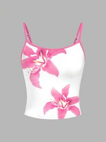 SHEIN EZwear Áo ba lỗ bó sát họa tiết hoa gợi cảm dành cho nữ, thích hợp cho mùa hè - trắng - Xem 6