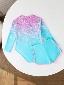 SHEIN Young Girl Gradient Print One-Piece Swimsuit, Vacation Beach Style - Mint Blue - View 2