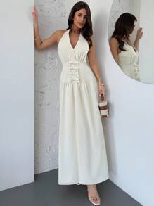 SHEIN Privé Elegante romantische sexy V-hals strik A-lijn lange jurk, mode voor date, feest en Valentijnsdag