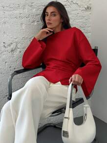 Aloruh 女士船领喇叭袖褶边短款杏色衬衫，适合办公室穿着 - 紅色 - 查看 6