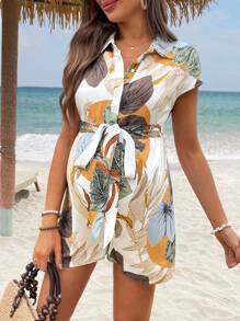 SHEIN 孕妇热带植物印花短袖休闲连体裤 - 彩色 - 查看 5