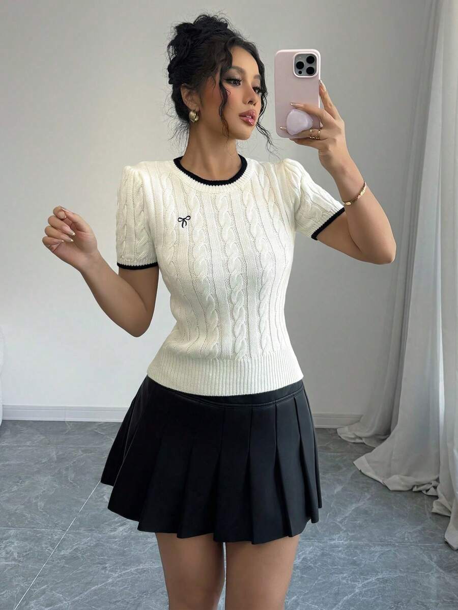 Elenzga 蝴蝶结刺绣女式圆领短袖针织上衣