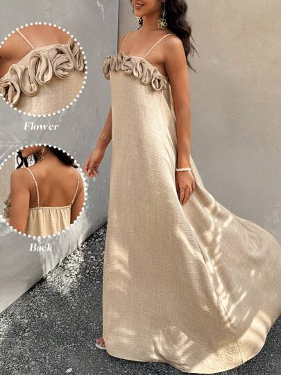 Flora Isola Flora Isola 女士休闲纯色 3D 花卉吊带 A 字连衣裙
