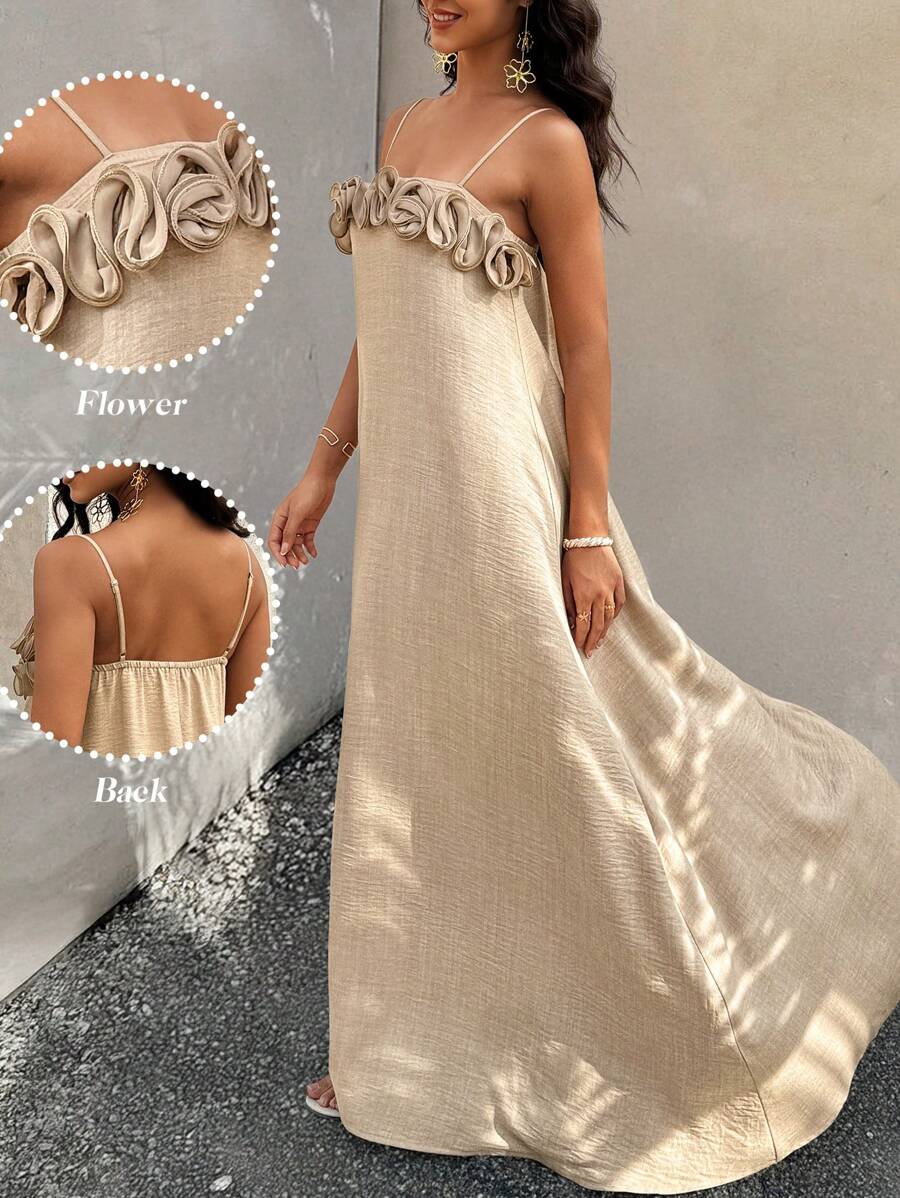 Flora Isola Flora Isola Váy chữ A họa tiết hoa 3D đơn sắc thường ngày dành cho nữ - Màu Khaki - Xem 1