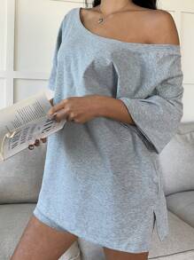 SHEIN EZwear Women Two Piece Sets Summer Sports And Leisure Versatile Solid Color Loose Short-Sleeved Shorts Off-Shoulder T-Shirt Two-Piece Set - Light Grey - View 1