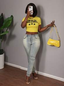 Slaydiva Jeans ajustados y elásticos sexy para mujer, de tiro bajo, color azul, ideales para festivales de verano - Azul lavado medio - Ver 6