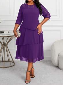 Fleurora Vestido midi de encaje con costuras, volantes y mangas huecas, para mujeres de talla grande, profesionales de negocios, en color púrpura. Ropa y vestidos de profesora, vestidos de otoño, vestidos de encaje, para las cuatro estaciones