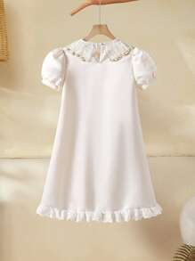 女孩优雅金领泡泡袖连衣裙 - 杏色 - 查看 4