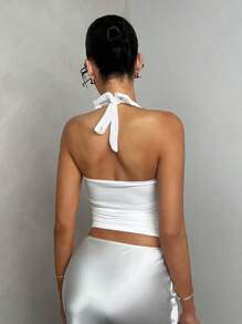 Glamine Áo tank top không tay, hở lưng, xếp ly, màu trắng gợi cảm, thích hợp mặc đi chơi, dự tiệc, lễ hội, mùa hè, áo croptop, áo mùa hè. - trắng - Xem 2