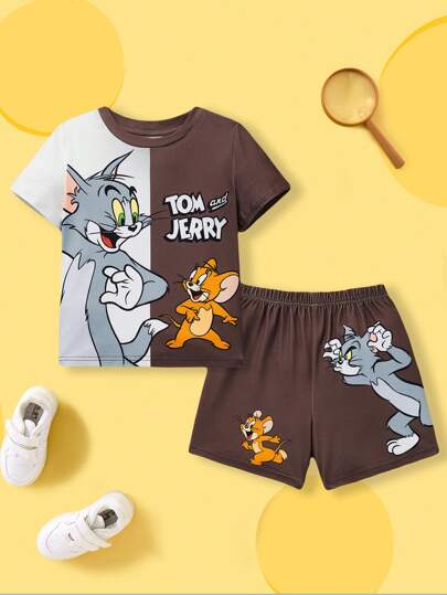 TOM & JERRY X SHEIN Young Boy 2pcs/Set Cartoon Animal Printed Colorblock Short Sleeve T-Shirt And Shorts Set, Casual Style, Suitable For Spring/Summer