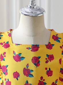 1pc Tween Girls Rose Print Stitching Cap Sleeve Beach Dress, New Arrival Spring/Summer