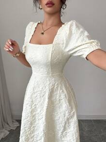 Elenzga Gaun Wanita Polos Motif Bunga Daisy Jacquard dengan Pinggang Berkerut, Elegan untuk Sehari-hari & Liburan, Lengan Mengembang - Aprikot - View 7