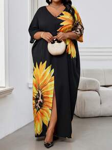 SHEIN Lady 春夏休闲优雅波西米亚风黑色编织缺口直筒蝙蝠袖长袍连衣裙长款大码连衣裙沙滩装度假装女士沙滩装女士度假装女士沙滩度假装女士沙滩春季装 - 彩色 - 查看 5