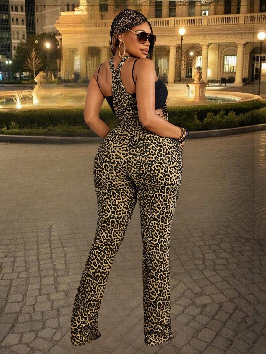 Plus Size Women Cowgirl Leopard Print Elastic Jumpsuit - Brown - View 1