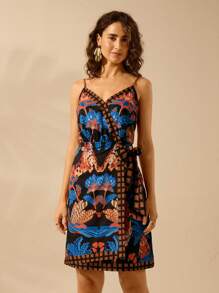 CAJUNI Vestido informal tipo pareo de playa de verano para vacaciones, con base negra y estampado tropical de plantas, tigre y loro - Multicolor - Ver 6