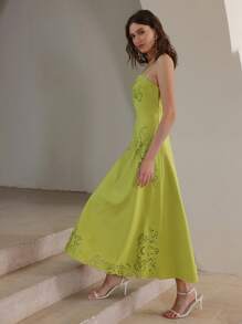 绿色烂花镂空 3D 花卉收腰 A 字形吊带裙，女士夏日节日外出度假装 - 綠色 - 查看 7