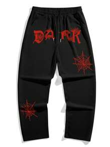 Manfinity EMRG 宽松男士字母图案抽绳腰斜口袋运动裤哥特裤，适合狂欢 - 黑色 - 查看 3
