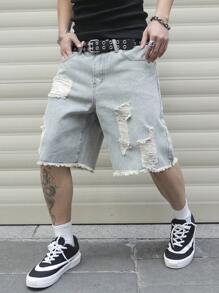 Manfinity EMRG 男士口袋破洞磨边休闲牛仔短裤街头休闲学院风热带风情 - 淺色水洗藍 - 查看 7