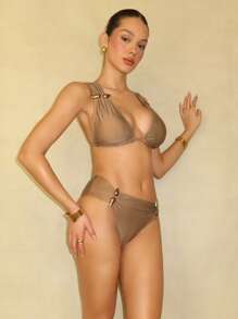 Swim Chiccia 2pcs/Set Women New Solid Color Tie Strap Women Beach Clothing Bikini Set, Spring Break Summer Outfit, Festival Boho - Khaki - View 5