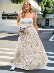 SHEIN EZwear Plus Size Ditsy Floral Long Flared Skirt, Suitable For Spring And Summer Holiday