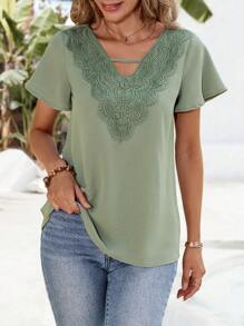 EMERY ROSE Women's Vacation Casual Solid Color Lace Patchwork Short Sleeve Shirt - Green - View 7